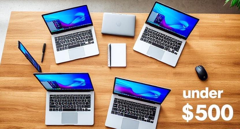 Top budget laptops under $500 in 2025 displayed on a desk with sleek designs and accessories