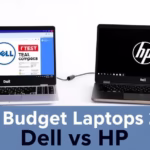 Side-by-side comparison of Dell and HP budget laptops on a desk, illustrating a tech comparison for best budget laptops in 2025.