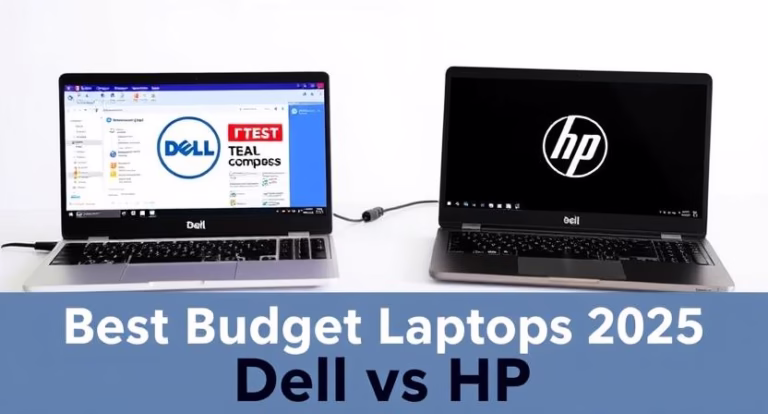 Best Budget Laptops in 2025: Dell vs HP Comparison Side-by-side comparison of Dell and HP budget laptops on a desk, illustrating a tech comparison for best budget laptops in 2025.