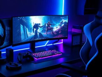 Best gaming accessories 2025 including high-performance headset, customizable controller, mechanical keyboard, gaming monitor, and ergonomic chair with neon blue and purple lighting.