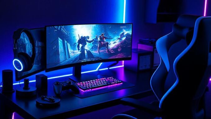 ed62e1f8-e04c-4342-9704-59efb36e1081 Best gaming accessories 2025 including high-performance headset, customizable controller, mechanical keyboard, gaming monitor, and ergonomic chair with neon blue and purple lighting.