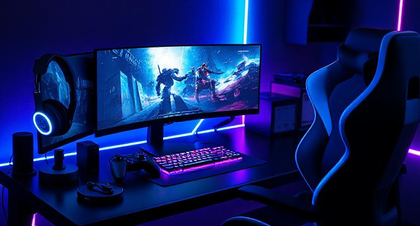 Best gaming accessories 2025 including high-performance headset, customizable controller, mechanical keyboard, gaming monitor, and ergonomic chair with neon blue and purple lighting.