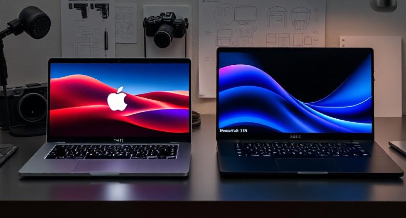 MacBook Pro M3 vs. Dell XPS 15 (2025) laptops side-by-side on a creative workspace desk setup