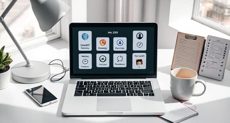 Free AI Tools 2025: Top 5 Time-Saving Apps You Need Today Using top Free AI Tools 2025 on a laptop to save time every day