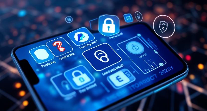 Secure Mobile Payment Apps 2025 interface showing Apple Pay, Google Pay, and other secure digital wallets with biometric and encryption icons on a smartphone screen.