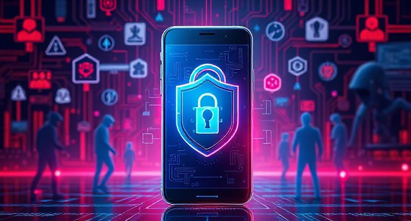 Phone Security Tips 2025 – smartphone with biometric shield, encrypted icons, and digital security alerts.