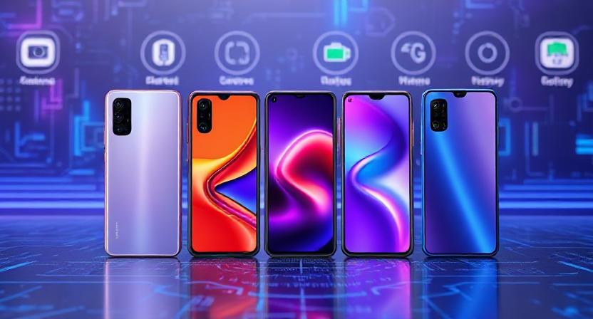 Top 5 Budget Smartphones 2025 lineup showing phones with large screens, stylish designs, and mid-range features.