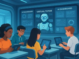 Students in 2025 learning with AI-powered tools in a high-tech classroom environment.